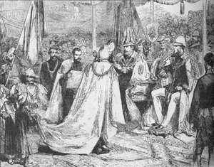 De Prins van Wales die voorzit bij een Groot Hoofdstuk van de Ster van India in Calcutta, 1875