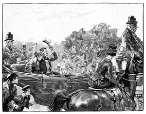 De ontvangst van de koningin in Hyde Park, Londen, ca. 1840s, 1900 door Unbekannt