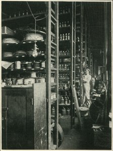 De planken van Edisons laboratorium met monsters van elke bekende stof, 1902 door Unbekannt