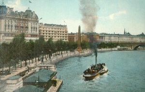 De Victoria Embankment, en stoomschip op de rivier de Theems, Londen, ca. 1907