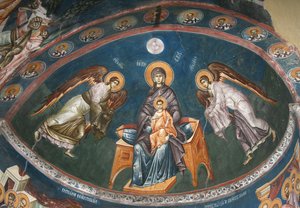 De Maagd op de Troon met Christus Emmanuel met Aartsengelen Michael en Gabriel door Unbekannt