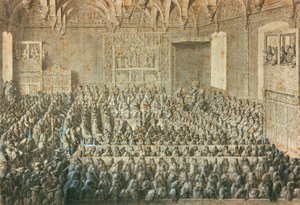 De vergadering van de Sorbonne verklaart Hendrik III afgezet, januari 1589. Museum van Carnavalet, Parijs