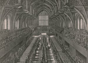 Het banket in de Grote Zaal van het Palace of Westminster...kroning van James II in 1685