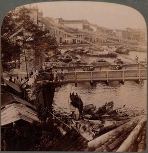 Het centrum van het verkeer - Singapore River en Kavanagh Bridge, vanaf het landmeterskantoor, Singapore, 19de eeuw door Unbekannt