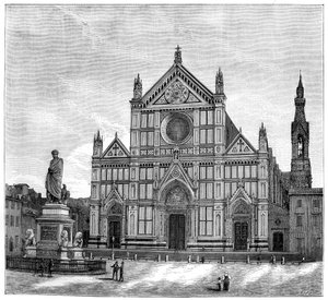 De kerk en het plein van de Santa Croce-basiliek, Florence, Italië, 1882