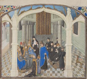 De kroning van Boudewijn II in 1118. Miniatuur uit de Historia door Willem van Tyrus, 1460s door Unbekannt
