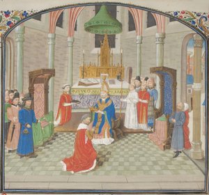 De kroning van Boudewijn I op Eerste Kerstdag 1100. Miniatuur uit de Historia door Willem van Tyrus, 1460s door Unbekannt