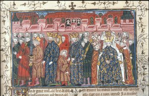De kroning van Philippe II Auguste in aanwezigheid van Hendrik II van Engeland uit de Chroniques de France ou de St Denis, na 1380