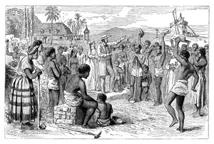 De emancipatie van slaven op een West-Indische plantage, begin 19e eeuw ca. 1895