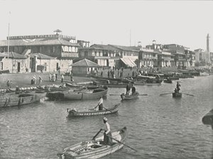 De ingang van het Suezkanaal bij Port Said, Egypte, 1895