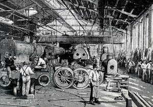 De montagewerkplaats van de Baldwin Locomotive Works