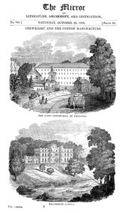 De eerste katoenspinnerij in Cromford, Derbyshire, en het huis van Richard Arkwright, 1836 door Unbekannt