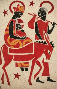De vlucht naar Egypte. De fresco in de Keur Moussa abdijkerk werd ontworpen en geschilderd in 1963 door Dom Georges Saget, Keur Moussa, Senegal