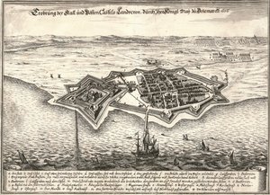 De vestingwerken van Landskrona, Zweden, veroverd door de Denen in de Scania Oorlog, 1676
