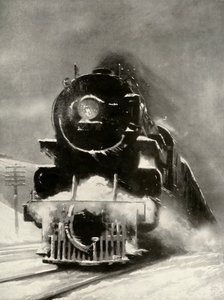 De woede van de sneeuwstorm maakt geen indruk op deze mammoetlocomotief, 1935