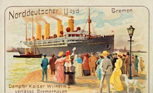 De reus SS Kaiser Wilhelm II vertrekt van de kade in Bremerhaven, Duitsland, 1905 door Unbekannt