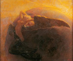 De gouden zon wekt de maan afgebeeld als een gevleugelde vrouw door Unbekannt