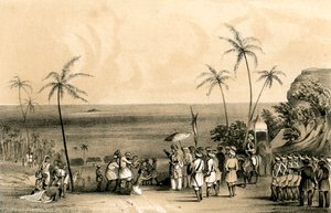 De kooplieden van Calicut gevangen en geketend aan een kale rots op bevel van Tippoo Saib, 1847 door Unbekannt