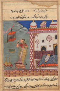 De papegaai spreekt Khujasta toe aan het begin van de zevenentwintigste nacht, recto van folio 185, ca. 15e eeuw door Unbekannt