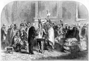 De president van de Verenigde Staten die de vijandige stammen overhaalt om handen te schudden, 1858 door Unbekannt