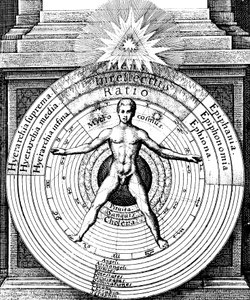 De relatie van de mens, het microkosmos, met het universum, het macrokosmos, ca. 1617
