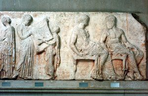 Het heilige gewaad van Athena vastgehouden door cultusfunctionarissen, en Athena en Hephaistos, 438 v.Chr.