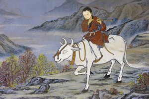 De tien Ossenhoedende Afbeeldingen van het Zenboeddhisme vertegenwoordigen de stadia van verlichting, Thuis komen op de rug van de os, Seoul, Zuid-Korea door Unbekannt