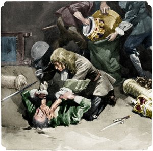 Thomas Blood probeert de kroonjuwelen uit de Tower of London te stelen in 1671, 1937 door Unbekannt