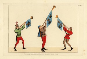 Drie herauten met trompetten versierd met fleur-de-lis standaarden