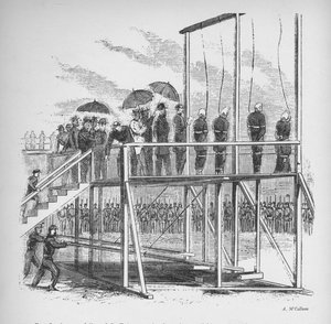 Drie mannen en een vrouw opgehangen voor de moord op Lincoln, ca. 1865, 1938