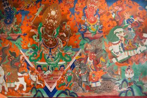 Tibetaans boeddhisme; oude muurschildering in de vergaderzaal; demon vecht met bogen en pijlen; Trakthok Gompa-klooster; Sakti bij Leh; Ladakh-district; Jammu en Kasjmir; India; Zuid-Azië; Azië