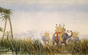 Tijger die een olifant aanvalt, deel van het Panorama van Londen naar Hong Kong door Unbekannt