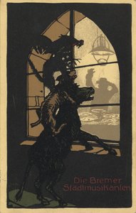 Titelontwerp van het boek Stadsmuzikanten van Bremen door de Gebroeders Grimm, 1910s door Unbekannt