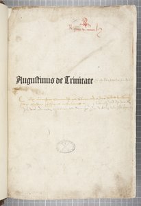 Titelpagina van De trinitate en De Civitate Dei cum commento, geschreven door Augustinus van Hippo (pen en inkt op papier)