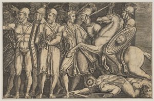 Trajanus vecht tegen de Daciërs, Trajanus te paard rechts rijdend naar een groep... door Unbekannt