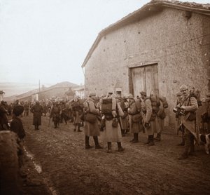 Troepen met rugzakken, Somme, Noord-Frankrijk, circa 1914-circa 1918
