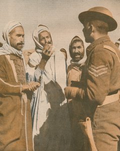 Tunesische Arabieren verwelkomen een Britse sergeant in Chaouach, 1943