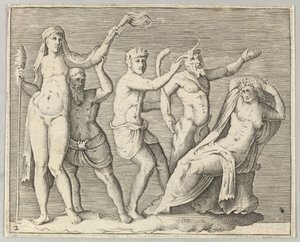 Twee figuren, een faun en een sater naderen een liggende vrouw, gepubliceerd ca. 1599-1622 door Unbekannt