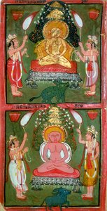 Twee Jain Tirthankaras of jina-voormakers en hun toegewijden, Bundi-regio, India, ca. 1720