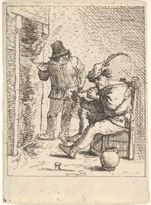 Twee mannelijke boeren met pijpen voor een open haard, een zittend met de pijp..., na 1625-90 door Unbekannt