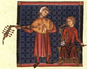 Twee minstrelen. Illustratie uit het codex van de Cantigas de Santa Maria, c. 1280