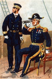 U: Kapitein schepen en fregat. Gravure in "Militair Alfabet" door Unbekannt
