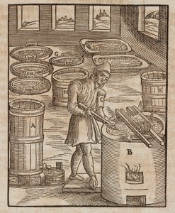 Een man test salpeter, gebruikt in buskruit en voor het conserveren van vlees - Gravure uit Beschrijving van mineralen en de belangrijkste mijnbouwmethoden, van Lazarus Ecker