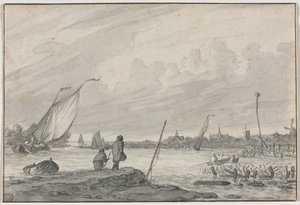 Gezicht op Alkmaar met boten, 1600s door Unbekannt