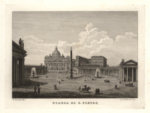 Uitzicht op het Sint-Pietersplein, Piazza di S. Pietro, met de Sint-Pietersbasiliek en oude Egyptische obelisk