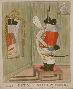 Gezicht op een gezette Stadsvrijwilliger die zichzelf in de spiegel bewondert, 1785