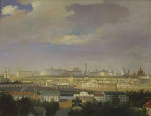 Uitzicht op het Kremlin van Moskou vanaf het Bolotnaya Moerasplein, midden 19e eeuw