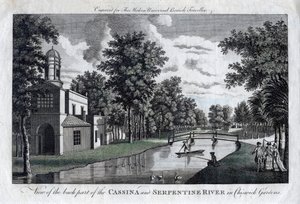 Uitzicht op het achterste deel van de Cassina en de Serpentine Rivier in Chiswick Gardens, Londen