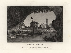 Uitzicht op de gebroken Ponte Rotto, Pons Aemilius, in de Tiber rivier, Rome