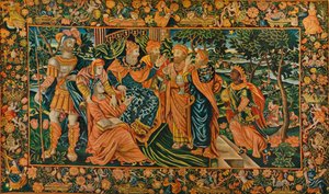 Bezoek van de Wijzen aan Herodes: Elizabethaanse Petit-Point Paneel, ca. 16e eeuw